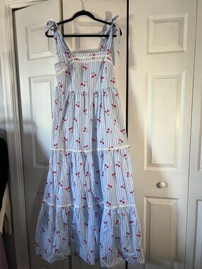 Rachel Zoe Light Blue Striped Cherry-Print Tie-Shoulder Maxi Dress